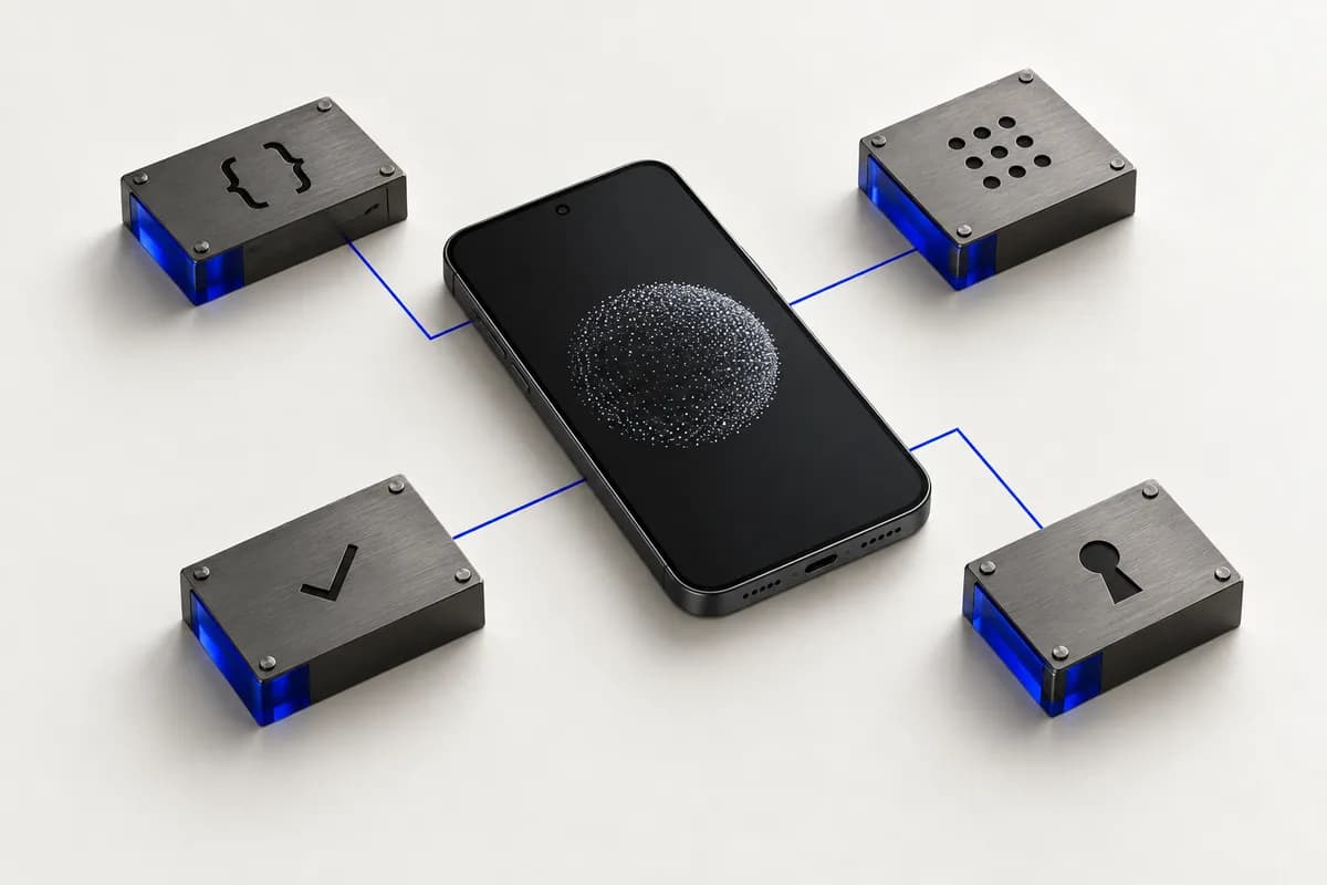 Concept illustration of an Android phone connected to separate tool, guard and checking modules