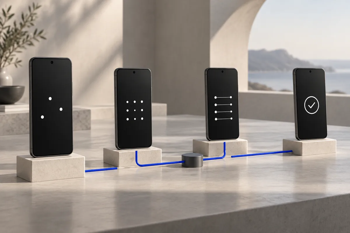 Concept illustration of four Android phones connected through a staged workflow